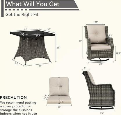 5-Piece Patio Furniture Set Includes 4 Swivel Rocker Chair and 1 Fire Pit, Wicker Conversation Set with Cushion Beige