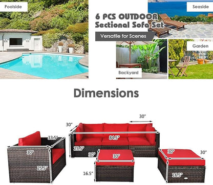 HAPPYGRILL 6PCS Patio Conversation Set Outdoor Furniture Set Rattan Wicker Sectional Sofa Set with Soft Cushions Coffee Table Ottoman for Backyard Garden Poolside