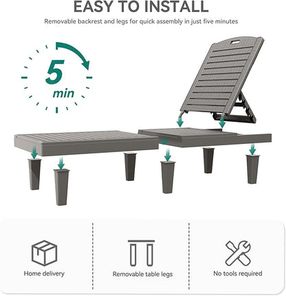 YITAHOME Outdoor Chaise Lounge Chair, Plastic Pool Chaise Lounge with Cushions & 5-Position Backrest, Easy Assembly & Waterproof for Patio & Poolside, Set of 2, Brown