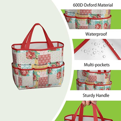 Floral Garden Tool Bag - Waterproof Garden Tote with 8 Pockets, Large Storage Home Organizer Gardening Tool Oxford Bag for Garden Tools Kits Holder, Ideal Outdoor Gardening Gift for Women & Men