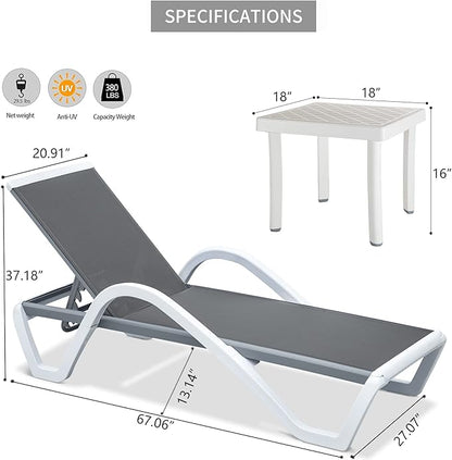 Domi Patio Chaise Lounge Outdoor Lounge Chair Adjustable Aluminum Pool Lounge Chair with Armrests, Side Table, All Weather Poolside Lounger for Deck, Lawn, Garden, Gray