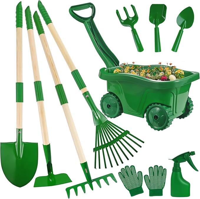 Duckura Kids Gardening Tools Set - 10pcs Wheelbarrow Set for Kids with Shovel, Rake, Leaf Rake, Summer Outdoor Yard Digging Weed Toys, Easter Birthday Gifts for Boys Girls Age 2 3+ Years(Green)