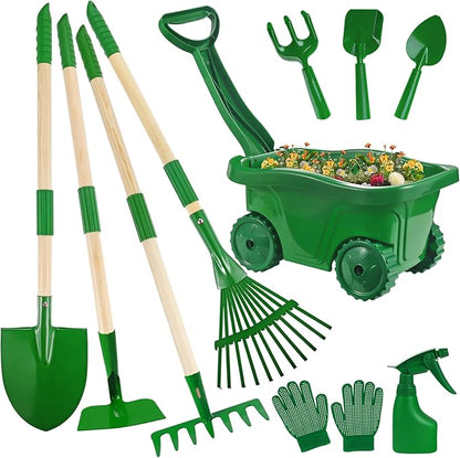 Duckura Kids Gardening Tools Set - 10pcs Wheelbarrow Set for Kids with Shovel, Rake, Leaf Rake, Summer Outdoor Yard Digging Weed Toys, Easter Birthday Gifts for Boys Girls Age 2 3+ Years(Green)