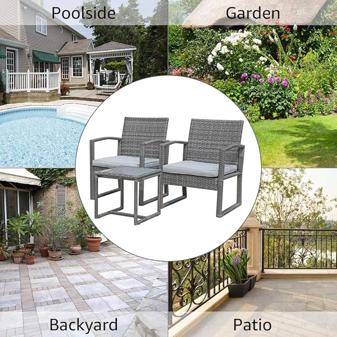Patiorama Outdoor Patio Furniture - Wicker Conversation Set with Modern Bistro Design, Coffee Table, Perfect for Garden, Balcony, Backyard or Poolside (Light Gray)