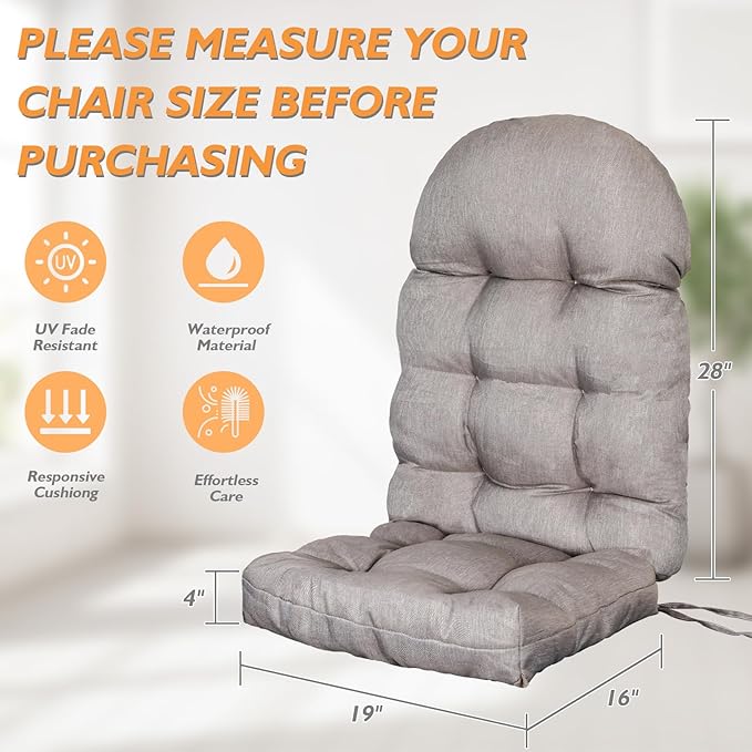 Adirondack Chair Cushion, Outdoor Rocking Chair Water Resistant Glider Rocker Chairs Replacement Cushions Set with Straps, 44''L x 19''W x 4''H