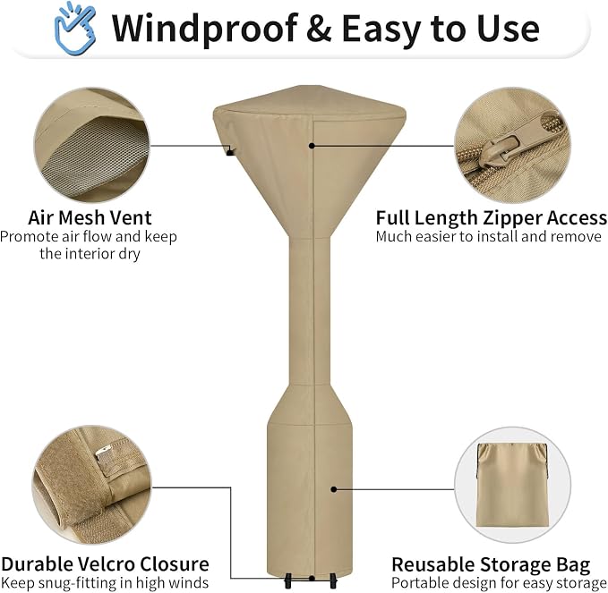 OutdoorLines Waterproof Outdoor Patio Heater Covers with Zipper and Storage Bag, Dust-proof UV-Resistant Windproof Propane Heavy Duty Heater Cover for Standing Heater, 1 Pack-95Hx34Dx19B inch Camel
