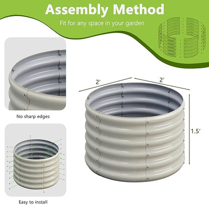 2PCS 2x2x1.5FT Galvanized Raised Garden Bed Kit,Vegetable Boxes-Round Metal Flower Box,Large Planter Raised Beds Outdoor Garden for Planting,Fruit,Herb-White