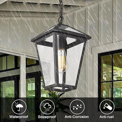 Outdoor Pendant Light for Porch, Exterior Hanging Lantern Outside Chandelier in Black Finish with Clear Glass, Ceiling Mount Outdoor Lighting for Entryway, Doorway, Farmhouse, Waterproof