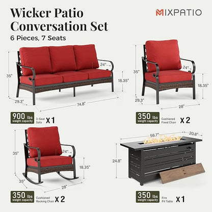 Patio Furniture Set with Firepit Table, Black Frame Outdoor Conversation Set with 2 x Fixed Chairs, 2 x Rocking Chairs, 1 x 3-Seat Sofa for Lawn Garden Backyard, Red
