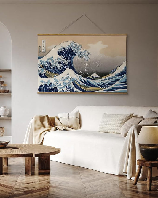 VIYYIEA Extra Large Size Canvas Wall Art, 36x54 The Great Wave off Kanagawa Scroll Hanging Japanese Print, Famous Artwork for Living Room, Bedroom, or Office