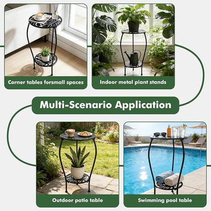 Party Zealot Two-Tiered 12 Inch Metal Round Side Tables Small Black Outside End Table for Patio Round Accent Garden Corner Stand for Small Spaces Weather-Resistant Outdoor Coffee Table for Balcony