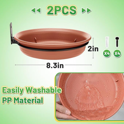 Fence Bird Feeders Tray - 2pcs Tree Mounted Wild Bird Bath for Outdoors Place Food Water, Installed on Wooden Deck Fence with Heavy Duty Iron Ring, 8.3'' Dia. (Brown)