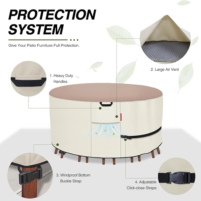Porch Shield Round Patio Furniture Cover - Waterproof 600D Heavy Duty Outdoor Table and Chairs Cover 108 inch, Light Tan & Khaki