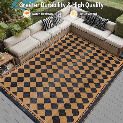 HUGEAR Outdoor Waterproof Rug 8'x10' Plastic Straw Rugs Washable Reversible Floor Mat Brown Plaid Carpet for Camping RV Deck Entryance Porch Picnic Balcony Beach Backyard