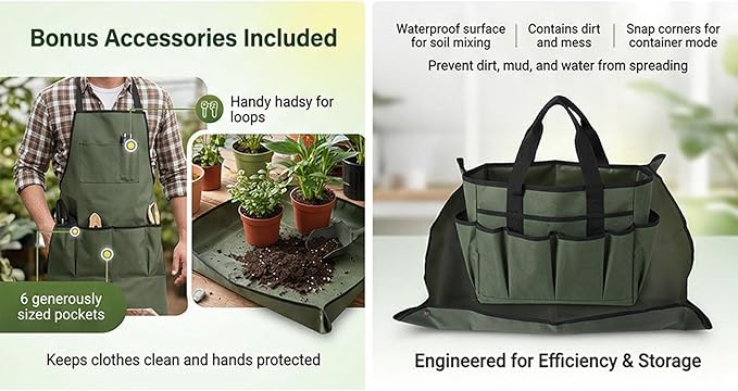 3Pcs Garden Tool Bag Organizer, Heavy Duty 600D Oxford Fabric Gardening Tote with 11 Pockets Apron Soil Replacement Mat Foldable Standable for Gardening Storage