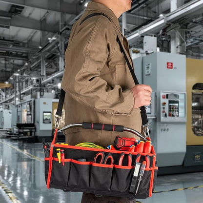 HAUTMEC 16" Foldable Tool Tote Bag, Open Top Tool Bag with Stiff Frame, 16-Pockets Electrician Tool Bag with Padded Steel Handle, Shoulder Strap & Water-Resistant Hard Base – TB0002