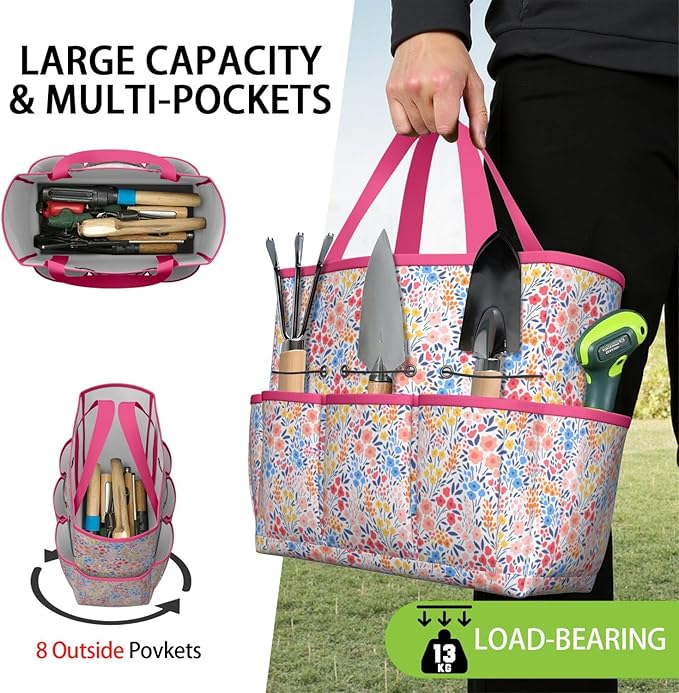Boho Garden Tool Bag - Waterproof Floral Garden Tote with 8 Pockets, Large Storage Home Organizer Gardening Tool Oxford Bag for Garden Tools Kits Holder, Ideal Outdoor Gardening Gift for Women & Men