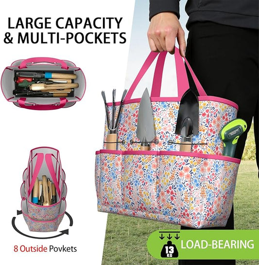 Boho Garden Tool Bag - Waterproof Floral Garden Tote with 8 Pockets, Large Storage Home Organizer Gardening Tool Oxford Bag for Garden Tools Kits Holder, Ideal Outdoor Gardening Gift for Women & Men