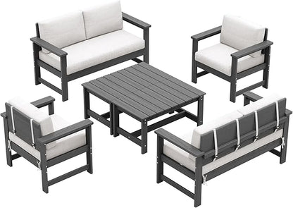 SERWALL 6 Pieces HDPE Outdoor Sofa Set with Cushions, Outdoor Conversation Couch Loveseat Furniture Set with Coffee Table for Balcony, Deck, Poolside, Grey Frame with Khaki Cushions