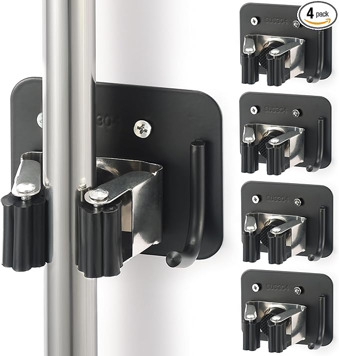 Broom Holder Wall Mount Screw Drilling, Sturdy Heavy Duty Stainless Steel Mop Gripper Rack Perforated, Perfect for Laundry Room Organizer, Fit with Laundry Kitchen Garage Garden Storage System