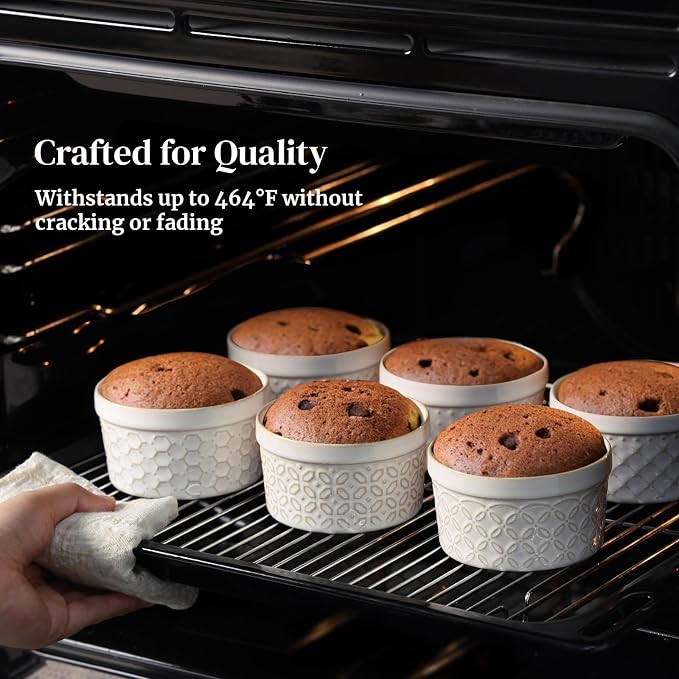DOWAN Ramekins Oven Safe with Lids 6 oz, Charcuterie Boards Bowls Set for Creme Brulee, Souffle, Dipping Sauces, Custard Cups Ceramic Food Storage Containers, Set of 6, Beige