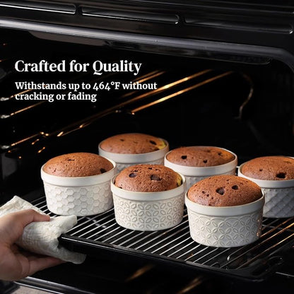 DOWAN Ramekins Oven Safe with Lids 6 oz, Charcuterie Boards Bowls Set for Creme Brulee, Souffle, Dipping Sauces, Custard Cups Ceramic Food Storage Containers, Set of 6, Beige