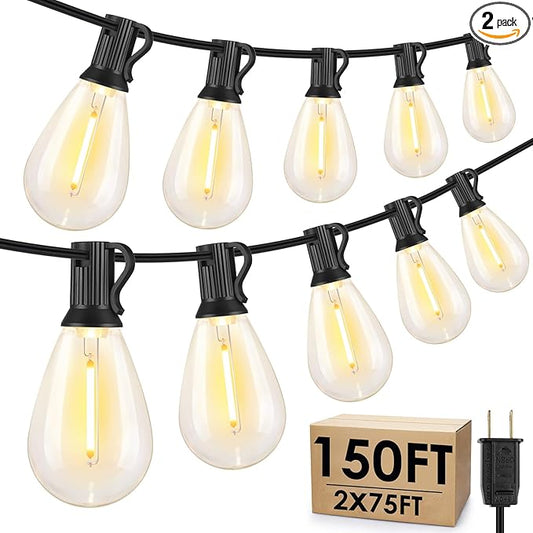 150FT(2x75FT) LED Outdoor String Lights S11 Dimmable Patio Light, with 44+3 Waterproof Shatterproof Edison 2700K Bulbs for Yard Balcony, Black