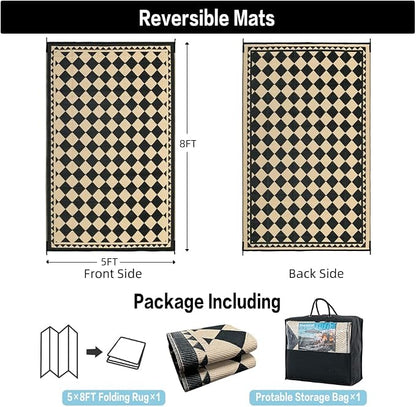 HUGEAR Outdoor Rug for Patios Clearance,Waterproof Mat,Large Outside Carpet,Reversible Plastic Straw Camping Rugs,Rv,Porch,Deck,Camper,Balcony,Backyard (5x8,Checkered/Black&Beige)