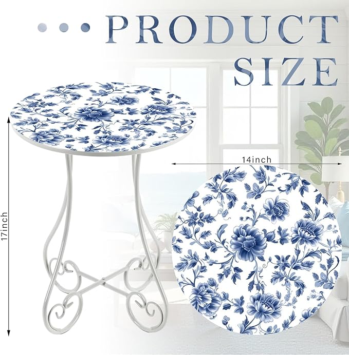 Cinnvoice 14 Inch Outdoor Side Table Round Small Patio Accent Weather Resistant Metal Elegant Indoor End Plant Coffee Tea Table for Yard Patio Outdoor Porch Garden Living Room(Blue Floral)