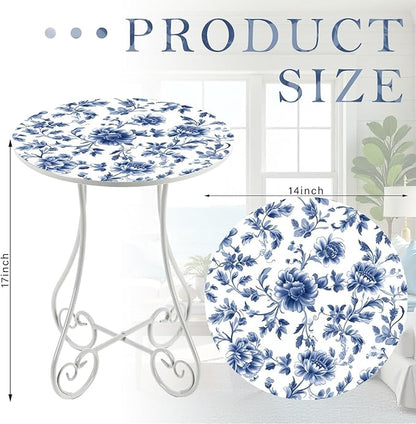 Cinnvoice 14 Inch Outdoor Side Table Round Small Patio Accent Weather Resistant Metal Elegant Indoor End Plant Coffee Tea Table for Yard Patio Outdoor Porch Garden Living Room(Blue Floral)