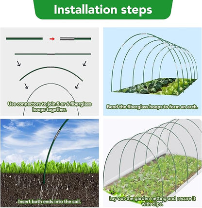 Garden Netting Kit for Raised Beds, 10x50FT Ultra Fine Mesh Netting ＆6 Sets Fiberglass Garden Hoops, Insect Netting for Garden Plant Row Cover Vegetable Flowers Protection Barrier