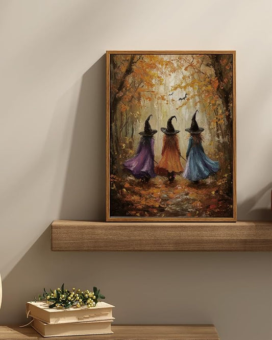 InSimSea Framed Canvas Wall Art, Mystical Witch Art Prints, Halloween Fall Decor for Living Kids Room Bedroom Hallway Entryway Fireplace, Cute Autumn Forest Decor, 12x16 Inch