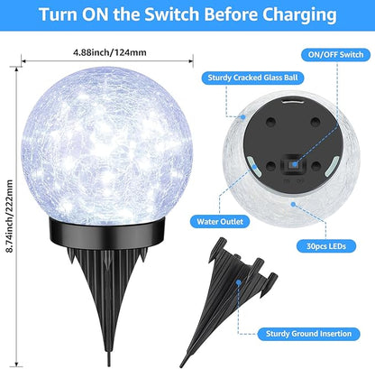 ASOMST 2-Pack Garden Solar Lights Outdoor, Cracked Glass Ball Light Waterproof, Decorative Solar Powered Globe Lighting Cool White for Yard Pathway