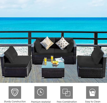 HAPPYGRILL 5 PCS Patio Furniture Set Outdoor Rattan Wicker Sofa Set with Coffee Table Sectional Sofa Conversation Set with Pillows Cushions for Backyard Porch Garden Poolside