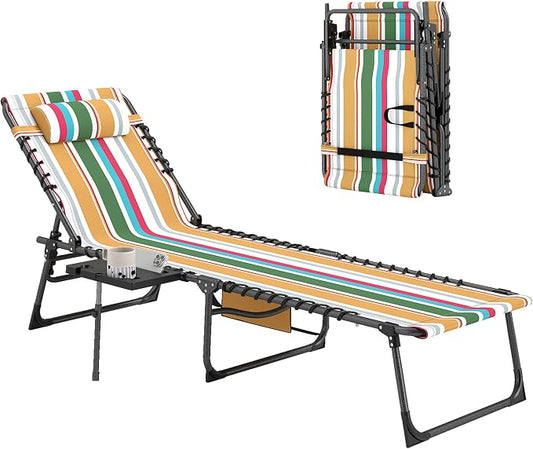 Outsunny Folding Chaise Lounge Chair Outdoor Tanning Chair Mixed Color | Side Table, 5-Level Adjustable Beach Lounger, Headrest, Side Pocket, Patio Backyard Beach Poolside