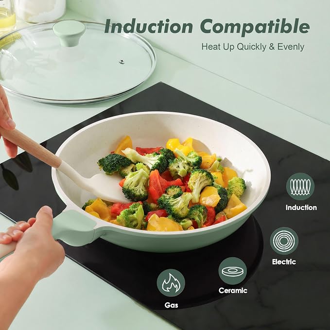 SENSARTE Nonstick Ceramic Frying Pan with Lid 12.5 Inch Cooking Pan Skillet, Free of Intentionally Added PFAS/PTFE Non-toxic Chef's Pan Induction Compatible Pan, Heat Resistant Handle, Mint Green
