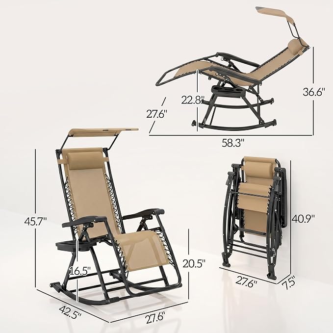 Outsunny Set of 2 Outdoor Rocking Chairs, Foldable Reclining Zero Gravity Lounge Rocker with Pillow, Cup & Phone Holder, Combo Design with Folding Legs, Beige