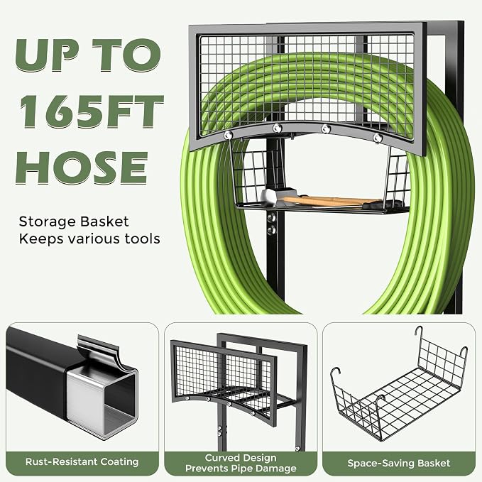 Garden Hose Holder Freestanding with Storage Basket, Holds Up to 165FT Hose, Heavy Duty Metal Water Hose Holder with 4 Anchor Spikes, for Yard, Lawn & Patio