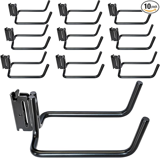 10 Pack E Track Double J Hooks, Heavy Duty Black Large Steel Shovel/Tool Hanger for Store Long Handled Tools, E Track Tie Down Accessories for Trailers, Trucks, Garden Tools Organizers Storage