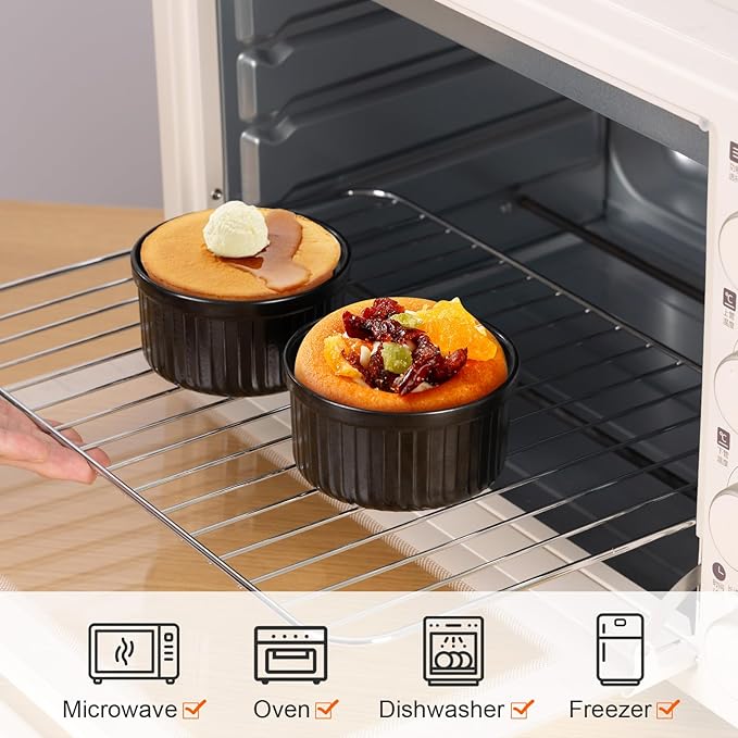 Yachi Ramekins Black, 6 oz Ceramic Set of 6 Stoneware Bakeware for Souffle Sauces Dipping Onion Soup Lava Cake Flan Creme Brulee Kit Pudding Mini Custard Oven Safe