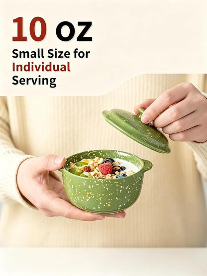 Oven-Safe 4-Pack Mini Ceramic Casserole Dishes (10 Oz Each) - With Lids & Handles - Ideal for Souffle, Soup, Cobbler, Stoneware Baking Ramekins for Individual Servings,Green