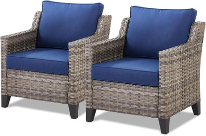 Patio Chairs Set of 2-All Weather Rattan Wicker Outdoor Chair with Thickened Cushions Outdoor Patio Chairs for Porch Deck Balcony Garden Grey/Blue