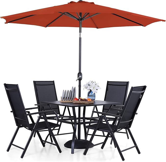 PHI VILLA Outdoor Patio Dining Set for 4 with 9ft Patio Umbrella (No Base), Outdoor Table and Chairs with Adjustable Patio Folding Chair & 37" Metal Dining Table for Garden, Yard and Deck