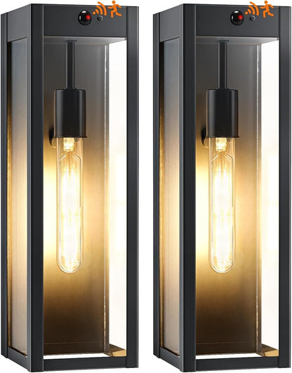 15.3" Large Motion Sensor Exterior Wall Light Sconces 2-Pack, Waterproof Dusk to Dawn Black Exterior Lighting Fixtures Wall Mount with 3 Lighting Mode, Outdoor Porch Coach Light for Garage House