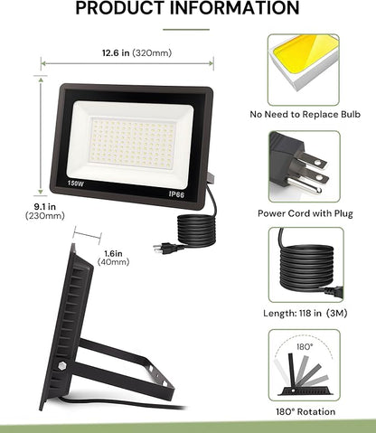 L LOHAS LED Flood Lights Outdoor, 150W Dusk to Dawn Outdoor Lighting, IP66 Waterproof Plug in Floodlights, 6000K Daylight Work Light, Security Lights for Yard, Garage, UL Listed, 2Pack