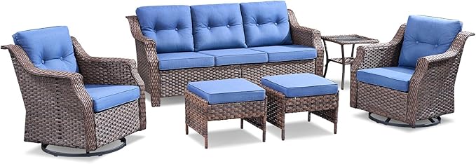 Outdoor Patio Furniture Set-6 Piece High Back Outdoor Furniture Set Sectional Sofa with Wicker Swivel Rocker Patio Chairs,Thick Cushions Ottomans for Porch Balcony Patio Deck Brown/Blue