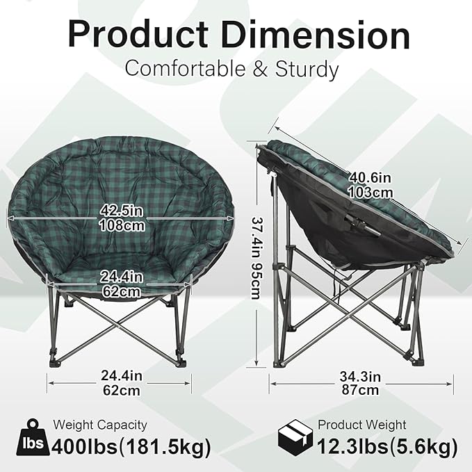 Oversized XXL Folding Round Camping Chair,Super Comfy Padded Moon Camp Chairs,Heavy Duty Supports 200 Kg Outdoor Lawn Chairs for Adults,Perfect for Indoor,Family Camping,Hiking,Picnics and Garden