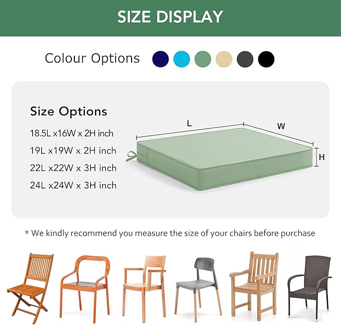 Outdoor Chair Cushions Set of 4: Waterproof & Fade Resistant Seat Cushion for Patio Furniture - 18.5 x 16 x 2 Inch Chair Pads with Ties and Hidden Zipper - Patio Chair Cushion Replacement, Sage Green