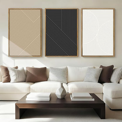 Anyzal Large Framed Black Abstract Wall Art 16x24 Inch Boho Modern Canvas Wall Decor Neutral Minimalist Line Artwork for Living Room Bedroom Dining Room Set of 3