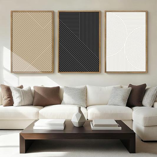 Anyzal Large Framed Black Abstract Wall Art 16x24 Inch Boho Modern Canvas Wall Decor Neutral Minimalist Line Artwork for Living Room Bedroom Dining Room Set of 3